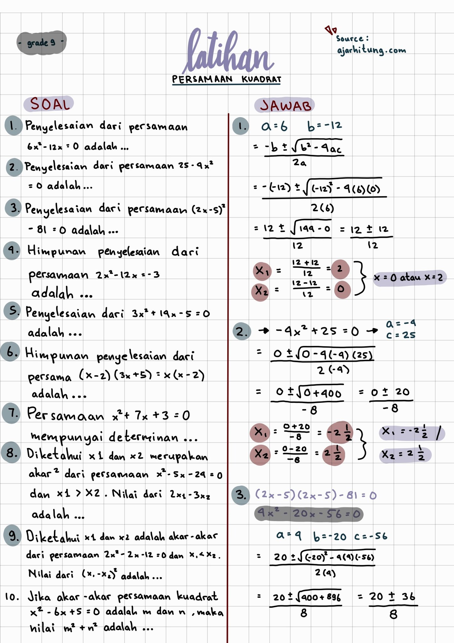 Persamaan kuadrat – Matematika kelas 8