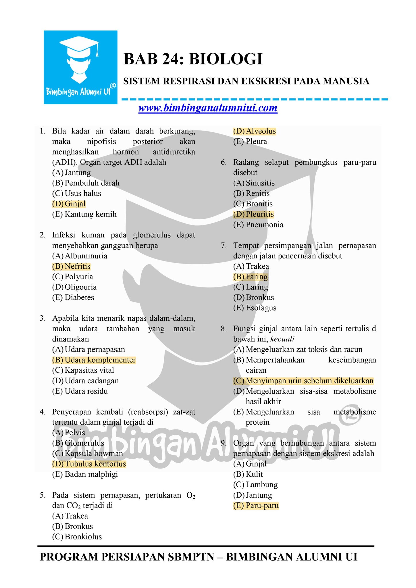 Soal Biologi Sitem Respirasi dan Eksresi Pada Manu